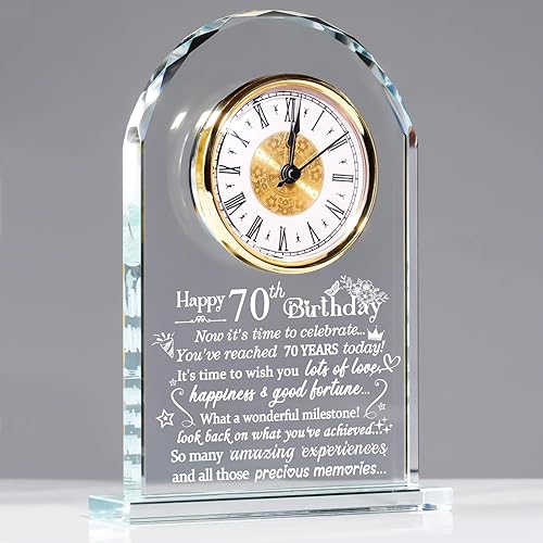 Ornalrist Reloj de cristal de feliz cumpleaños 70 para mujeres, hombres, recuerdo de cumpleaños de 70 años para mamá, papá, padres, decoración del