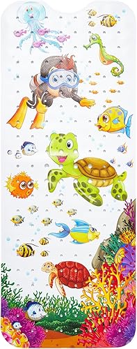 RongFa Tapete de bañera de dibujos animados, 39.4 x 15.7 pulgadas, extra largo, antideslizante, tapete de ducha para niños, experiencia de baño