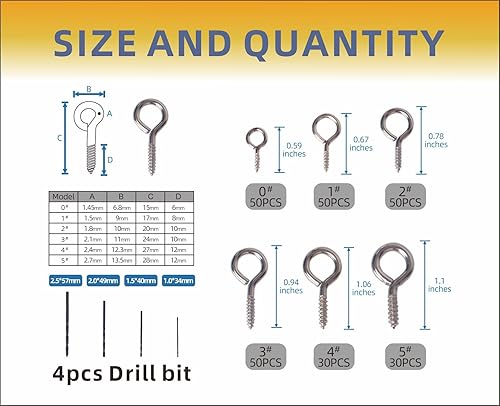 Miniatura 2 de Mariyandh 260 piezas de ganchos de ojo de tornillo de metal plateado de 0.67 pulgadas a 1.1 pulgadas y tornillos de ojal pequeños (0#-5#, 260