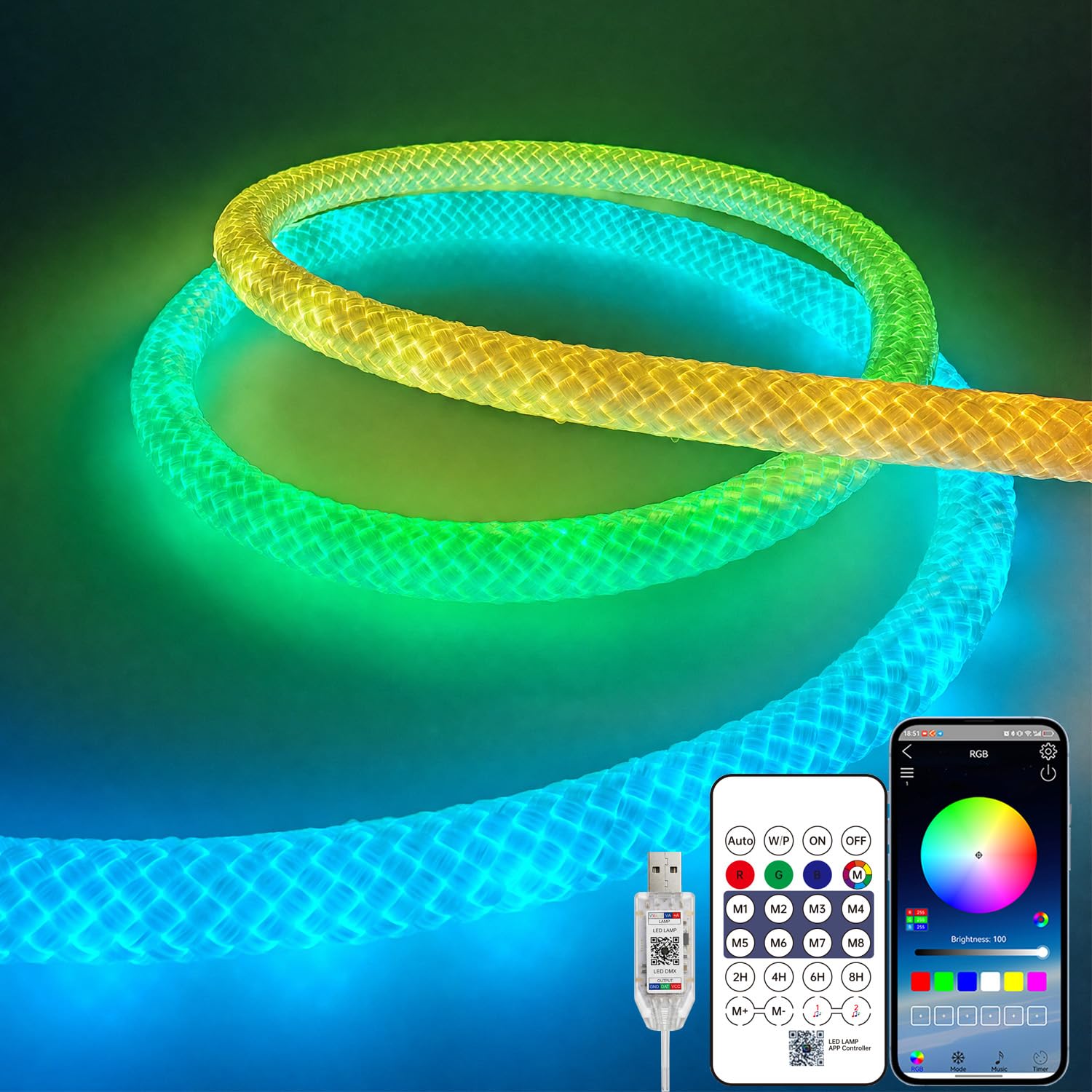 360度発光 RGBIC ledテープライト 5m 防水 間接照明 テープライト usb 5v 1600万色流れるledテープ 高輝度 調光調色 音楽連動 タイマー リモコン付き フレキシブル 編み込みロープライト 屋外/リビングルーム/寝室/キッチン/記念日/誕生日/祝日 (3 メートル)