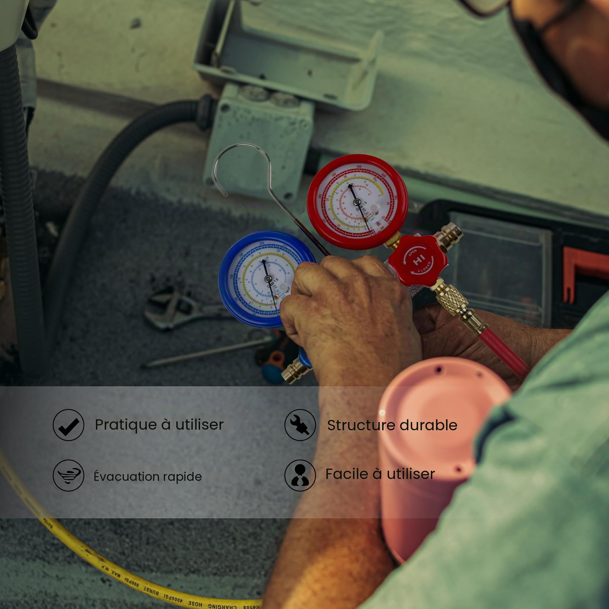 BACOENG Recharge Climatisation Voiture, R32 R134a Recharge Kit avec Tuyau, Manometre Climatisation Kit de Remplissage Gaz, Convient aux Réfrigérants R410A R407C