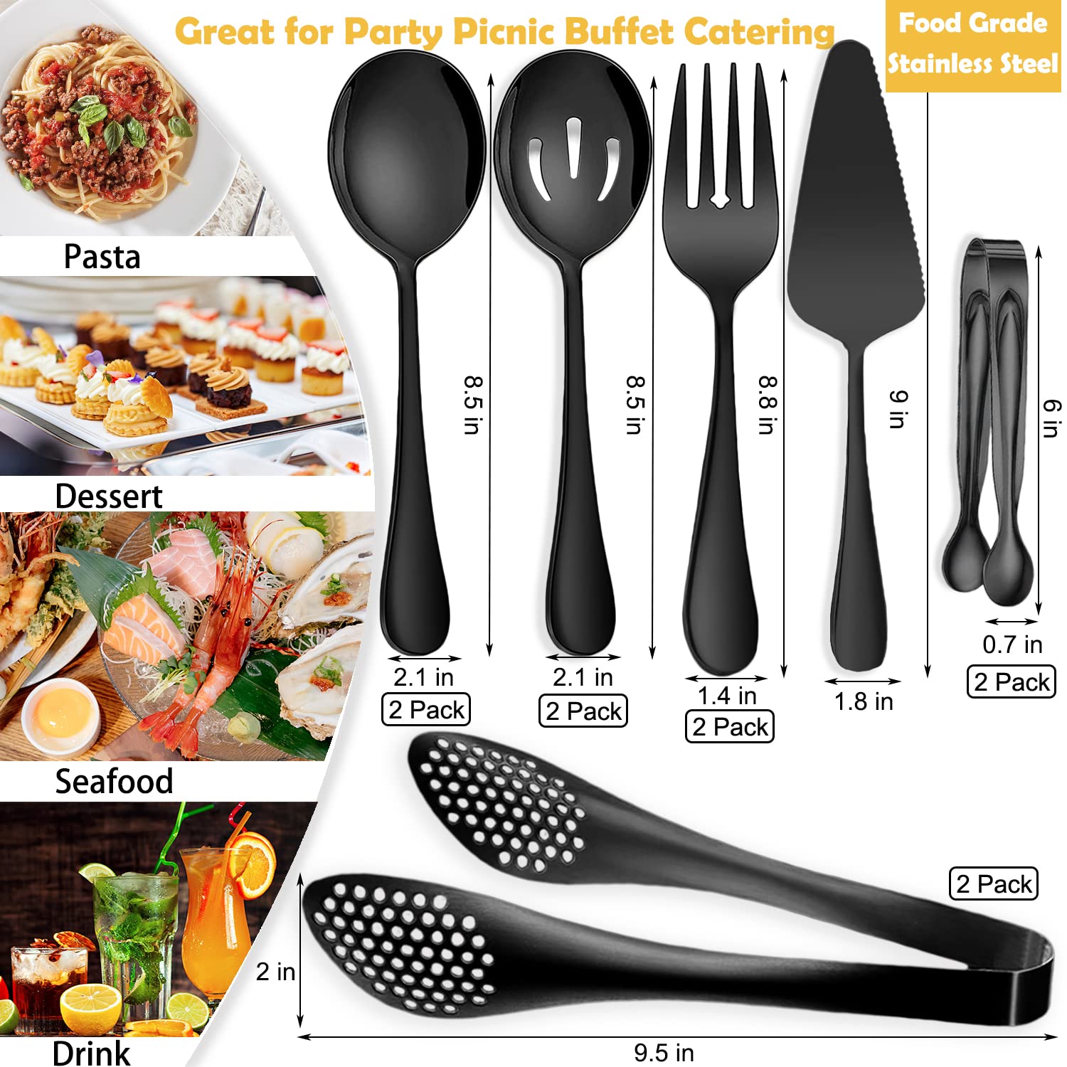 11 utensilios de servir, pinzas grandes de acero inoxidable, servidor de pasteles, ideal para banquetes, bufé, banquetes de catering, color negro
