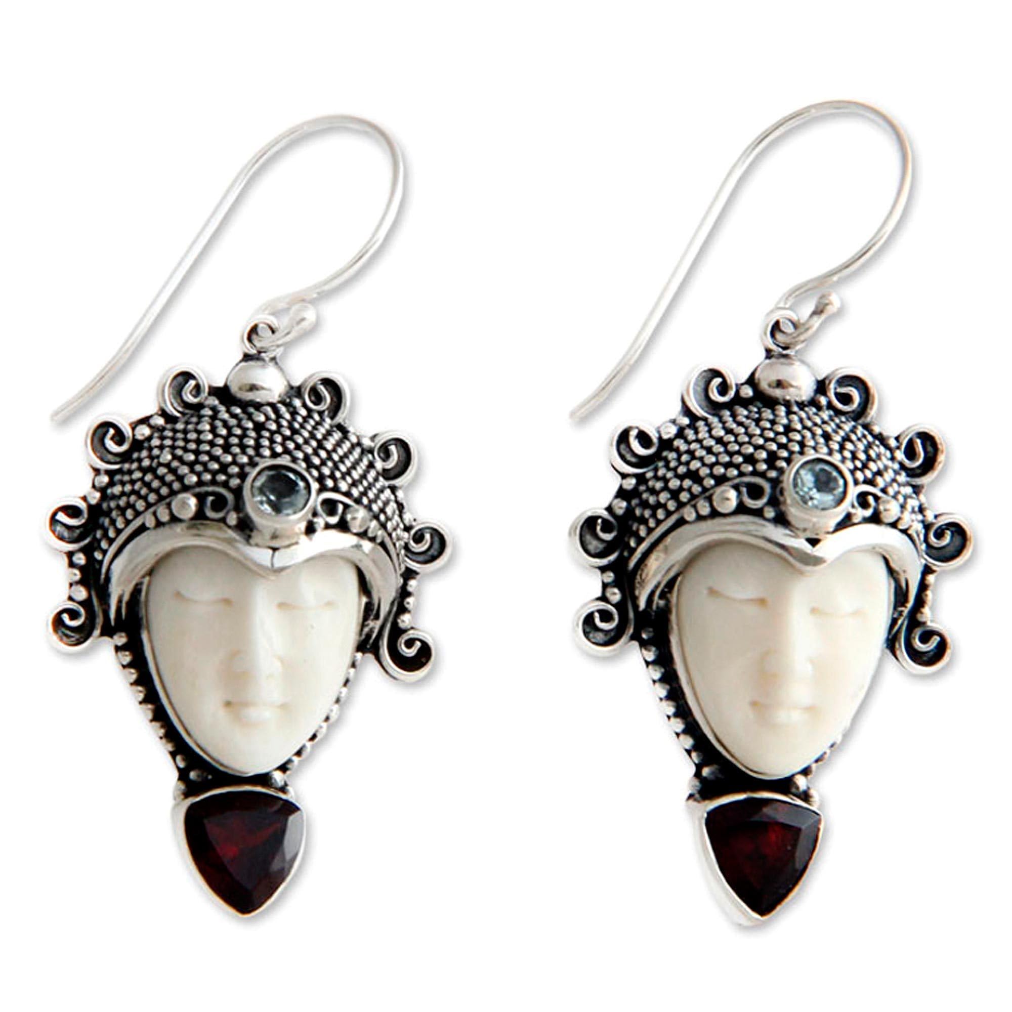 NOVICA Artisan Handmade Garnet Blue Topaz Dangle Earrings Crafted Bone Sterling Silver Red White Indonesia Birthstone [1.7 in L x 0.8 in W x 0.4 in D] ' Princess Aura'