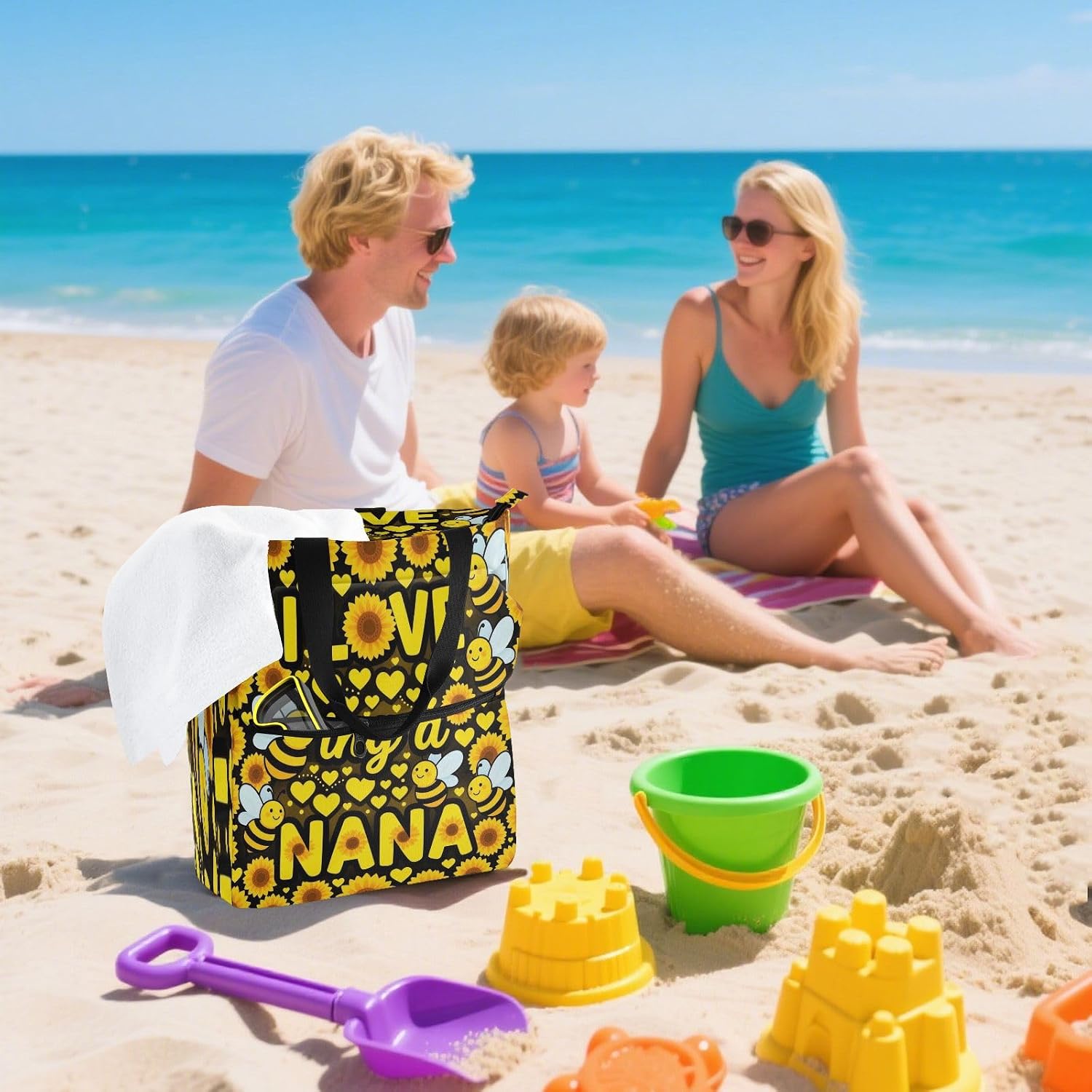 decorative Books Totes Book Bagfor Kids Adults I Love Being A Nana Bee Sunflower Water-resistant Reusable Grocery Bag with Zipper for School and Playtime
