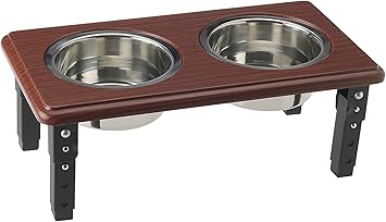 Ethical Products Adjustable Double Feeding Station Diner - Premium Quality - Elevated, Non-Skid, Oak - Wood Tone, 3-Quart - Steel Bowls - Posture-PRO Raised Dog Feader