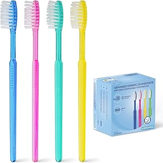 100 x ARNOMED escovas de dentes descartáveis com pasta de dentes, embrulhadas individualmente, escova de dentes vermelha, azul, verde e amarelo, conjunto de viagem, incl. pasta de dentes com sabor de