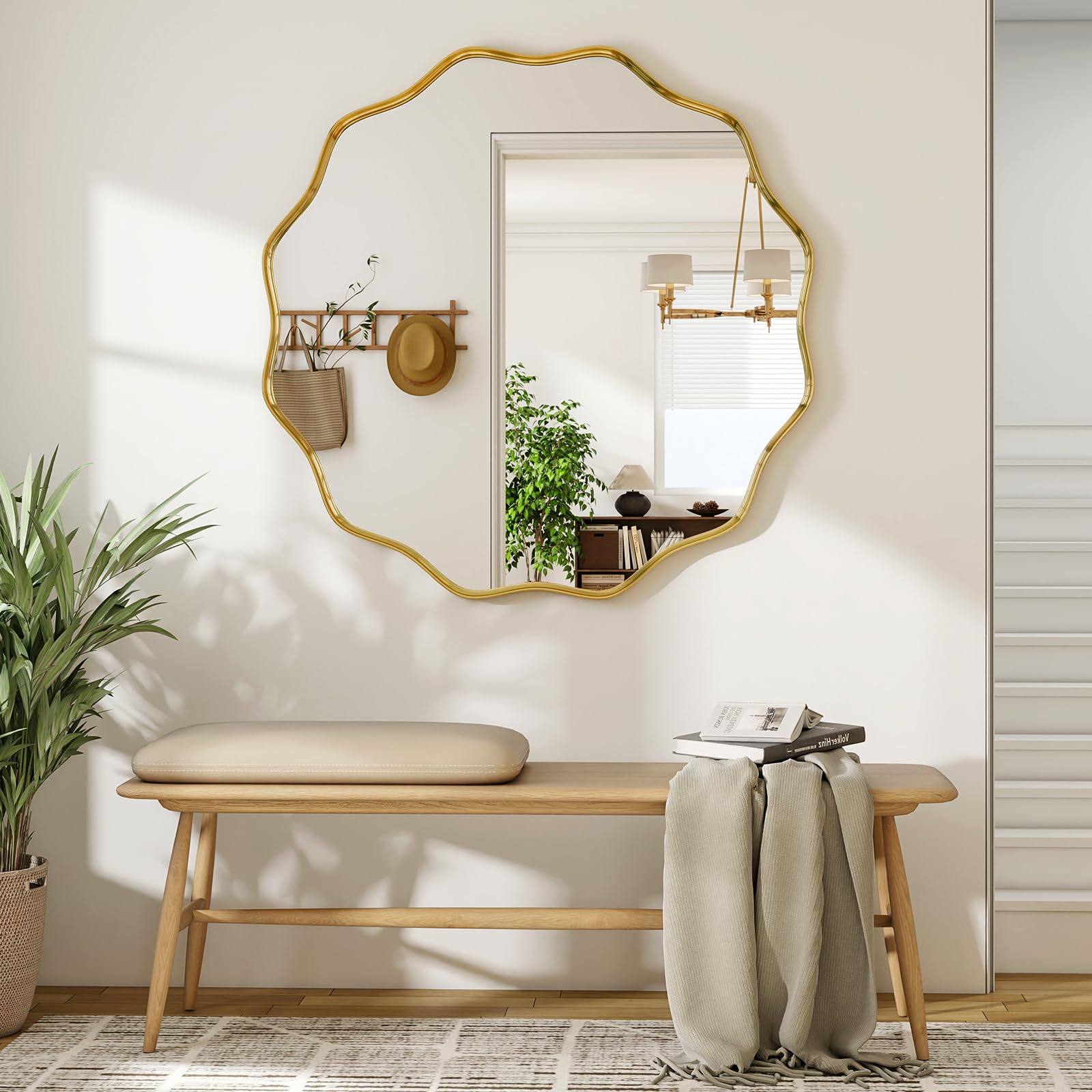 BEAUTYPEAK - Specchio rotondo da 90 cm, specchio da parete con bordo ondulato, cornice in alluminio, specchio rotondo da appendere e appoggiare, specchio rotondo da parete per camera da letto, bagno