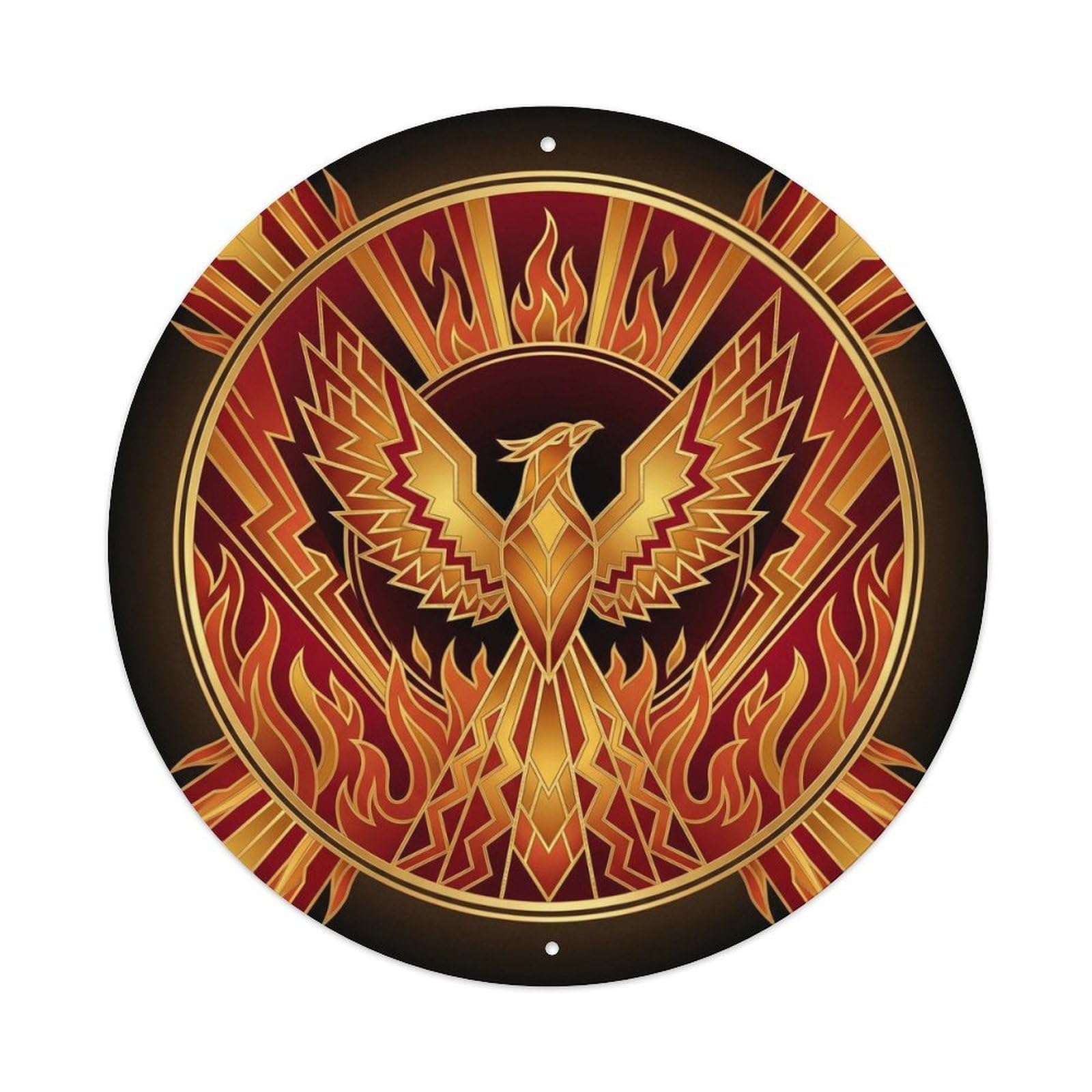 Phoenix Bird Deco Style Mythic Fire Fantasy Rising Wings Metal Tin Sign Plaque Wall Decor for Cafe, Man Cave, Club Bar, Office, Home Garden Round Metal Poster 8x8Inch