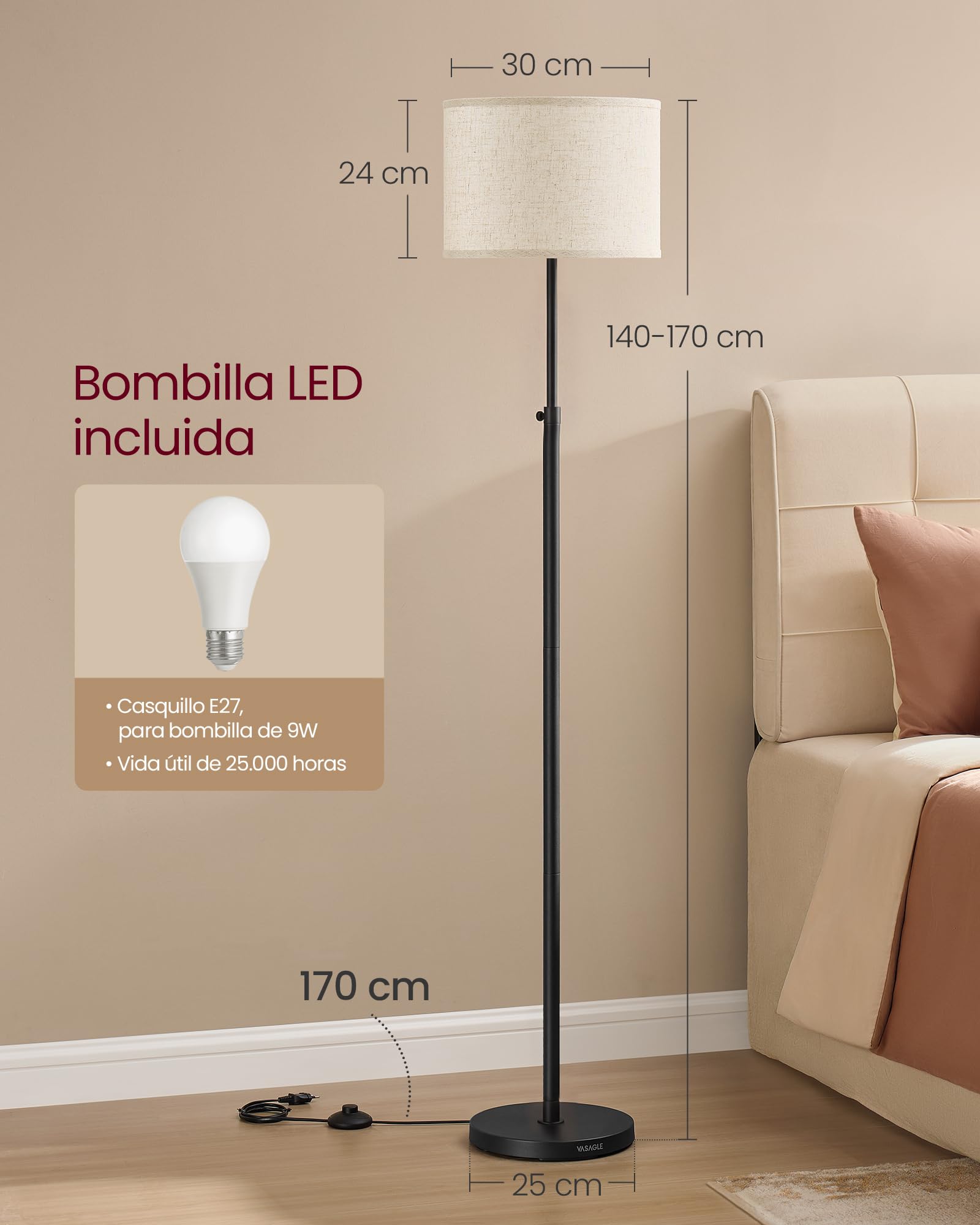 VASAGLE Lámpara de Pie, Lámpara de Lectura Regulable en Altura, 140-170 cm de Altura, Interruptor de Pedal, Pantalla de Tela, Casquillo E27, Negro Tinta LFL002BH02
