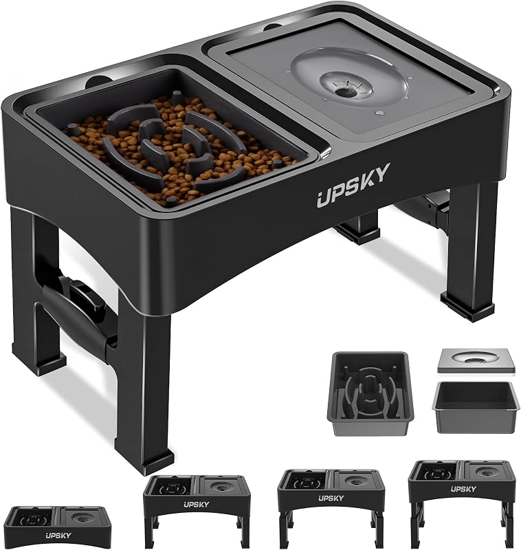 UPSKY 2-in-1 Elevated Dog Bowls Set with 4 Height Adjustable Stand, Balck | No Spill Water Bowl, Slow Food Bowl, No-Splash, Anti-Slip, Dishwasher Safe, Folding Design, Suitable for Small Medium Dogs