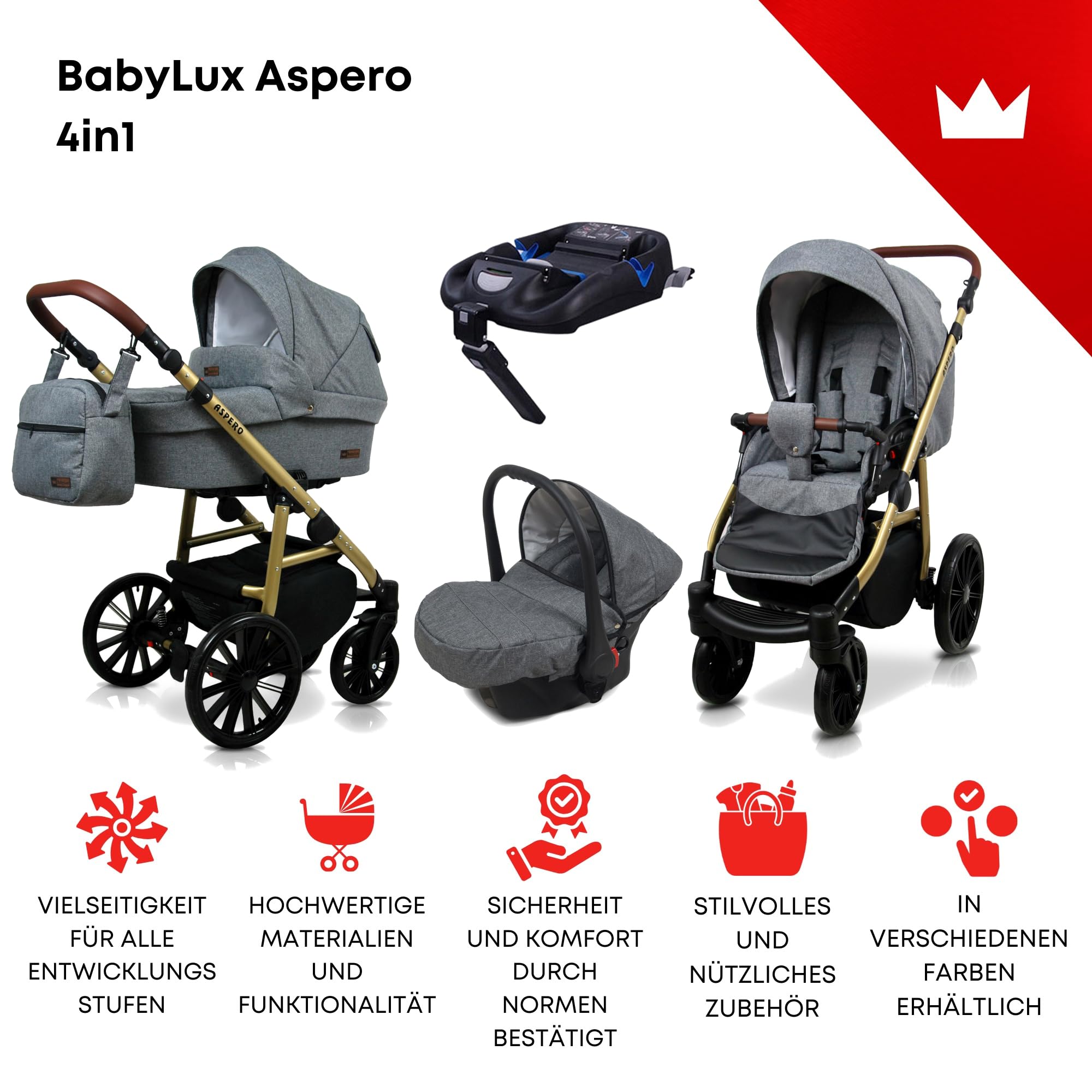 BabyLux® Wózek dziecięcy kompletny zestaw 4 w 1 - Aspero - w tym gondola dla niemowląt, wędka, fotelik samochodowy, podstawa ISOFIX - system kombinowany dla niemowląt, z torbą do przewijania itp.