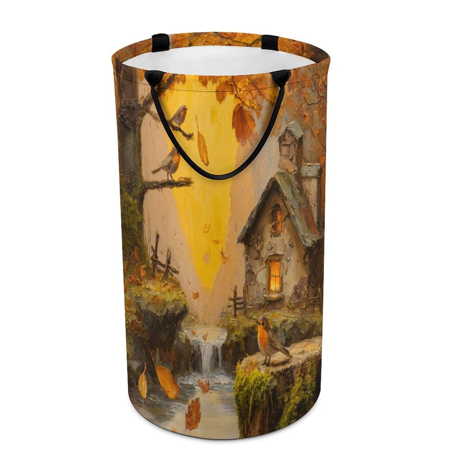 LUYYSKY Fantasy Colorful Log Cabin Collapsible Dirty Clothes Basket, Retro Oil Painting Autumn Plant Maple Trees Animal Birds Portable Clothes Storage Laundry Basket-40 CM Dia, 69 CM High