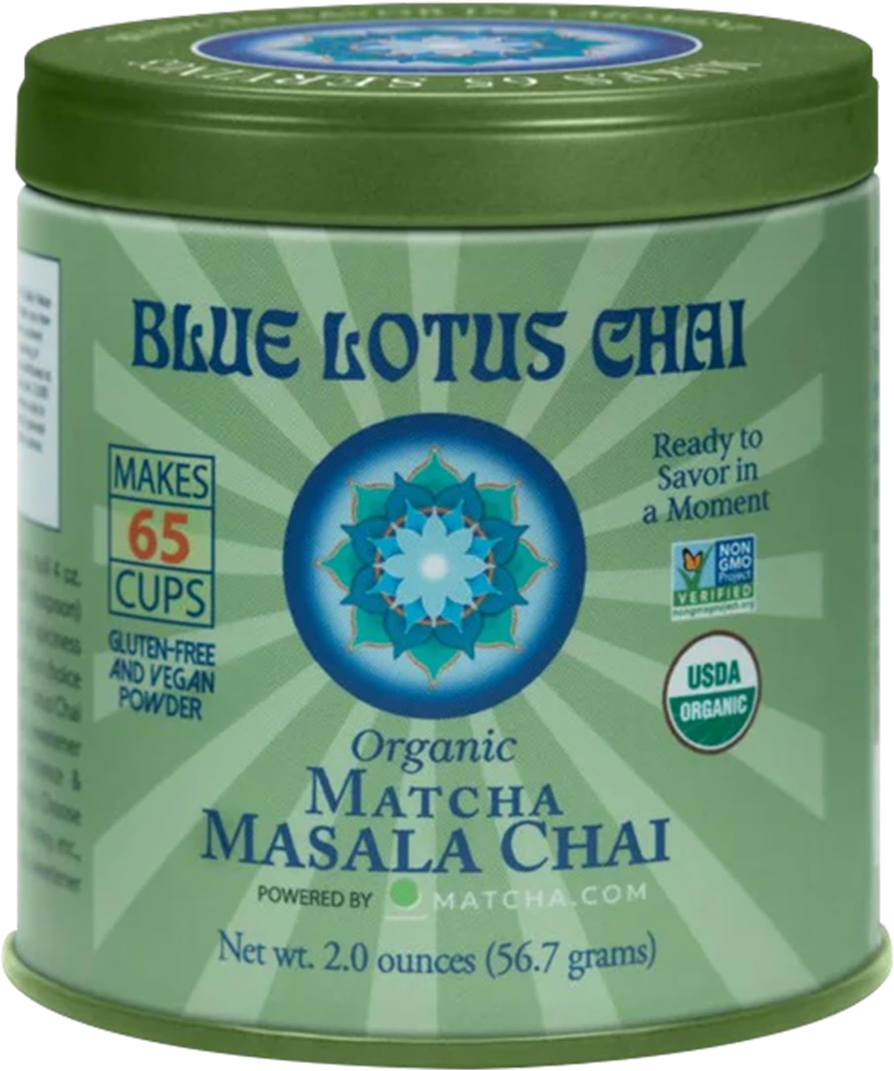 Blue Lotus Chai – Organic Matcha Masala Chai - Makes 65 Cups – Just Add Hot Water, No Steeping, No Gluten - 2 Ounce Masala Chai Powder with Ceremonial-Grade Matcha and Organic Spices