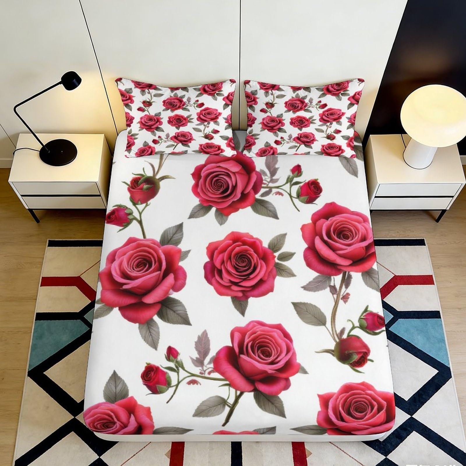Wtorimpel Style-6 3D Printed Rose Pattern Fitted Sheet Microfiber Deep Pocket Non-Slip Bedroom Bedding Artistic Rose Mattress Fitted Cover Washable For Adults Teens 140X200x25cm