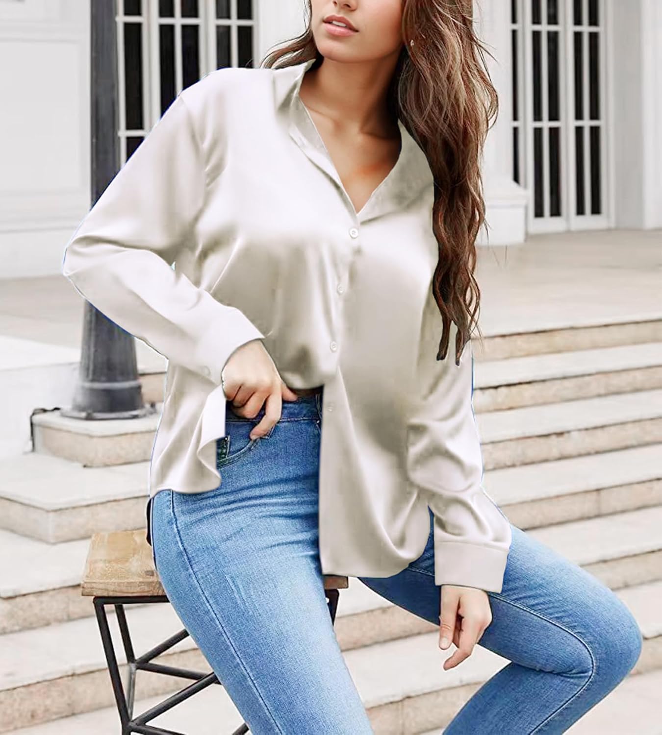 Damipow Satin Silk Button Down Shirts for Women Dress Shirts Long Sleeve Blouses Womens Shirts - Image 3