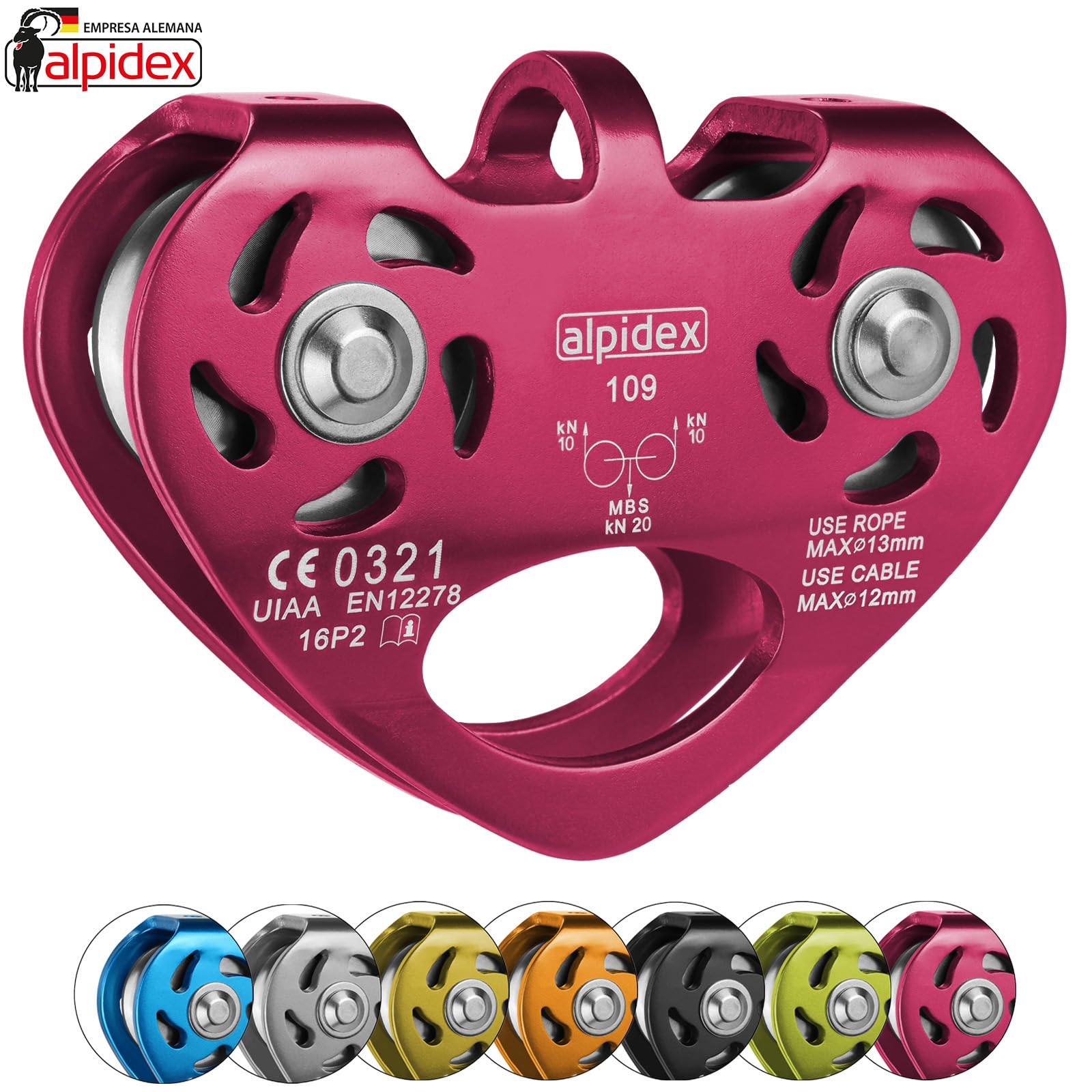 ALPIDEX polea de reenvío 20 kN Tandem Pulley para cuerdas textiles 13 mm cables 12 mm EN12278