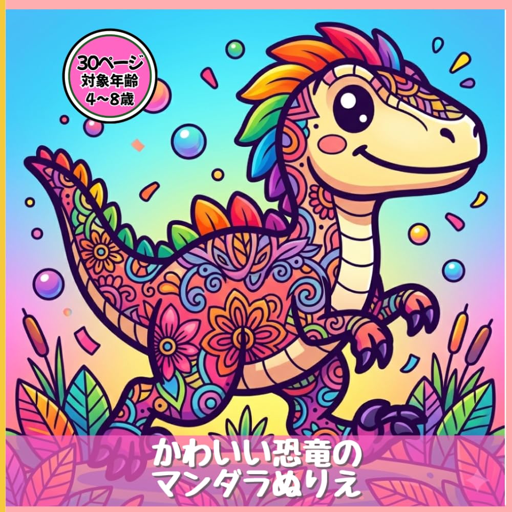 かわいい恐竜のマンダラぬりえ（子ども向け）: 感性を育てるカラフルぬりえブック！30点の愛らしい恐竜デザイン (わくわくきらきらぬりえ)