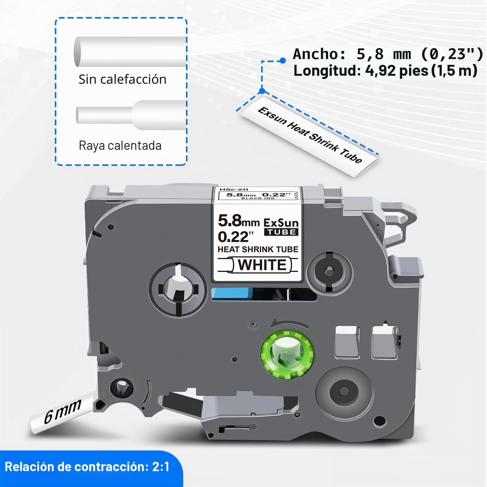 5,8mm Termocontraíble Cinta de Etiquetas Compatible para HSe-211 HSe211 Cinta de para Brother P-touch PT-E100 E110 E300 E550W D210 D410 P300BT E310BTVP E560BTVP, Negra sobre Blanco