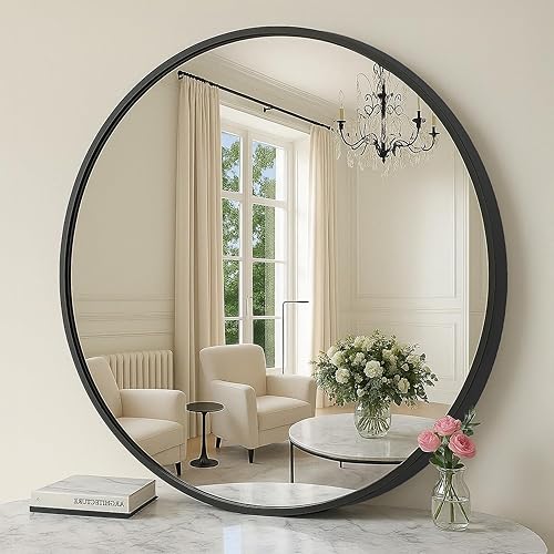 SONGMICS Round Wall Mirror Decorative Circle Mirror 24-Inch Diameter Metal Frame for Living Room Bedroom Bathroom Entryway Black ULWM102B01