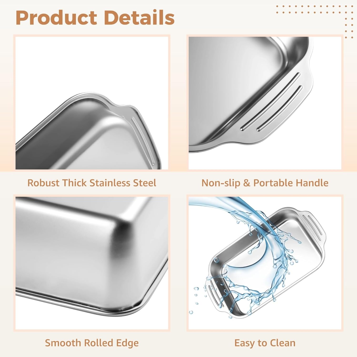 2 Pcs Stainless Steel Cake Pans, 9x13 Rectangular Baking Pans with Silicone Brush & Spatula, Cake Baking Trays with Double Handle, Rectangle Baking Bakeware for Breads, Meats (Without lid) - Image 4