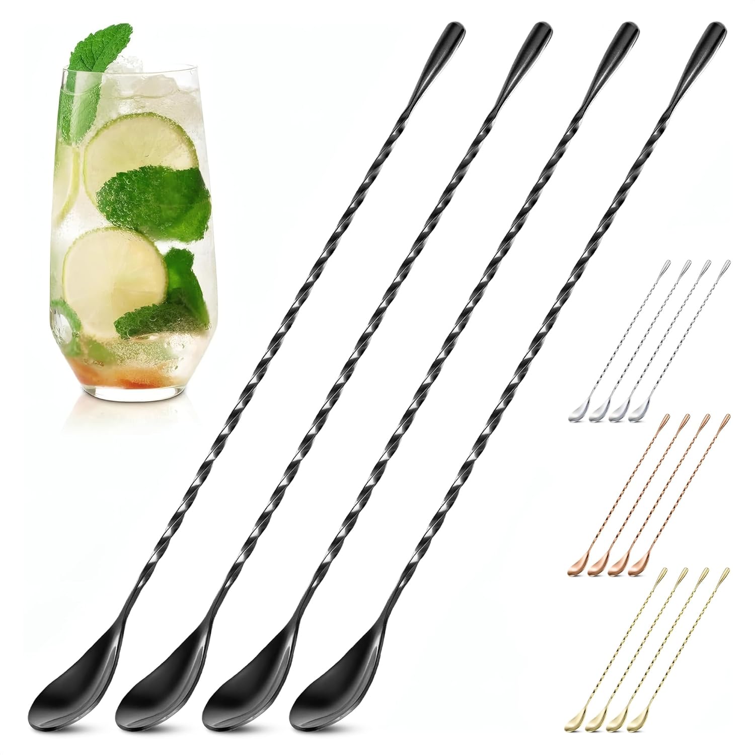 TheLittleGreenChange 4-Pc 12" Stainless Steel Bar Spoons - Twisted Spiral Handle for Cocktails, Iced Tea, Coffee Mixing & Caviar | Drink Lovers Gift