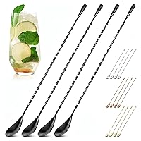 TheLittleGreenChange 4-Pc 12" Stainless Steel Bar Spoons - Twisted Spiral Handle for Cocktails, Iced Tea, Coffee Mixing & Caviar | Drink Lovers Gift