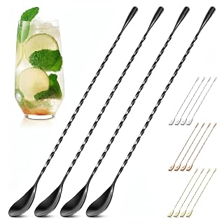 TheLittleGreenChange 4 Pack 12" Black Stainless Steel Bar Spoons - Twisted Spiral Cocktail Mixing Spoons for Drinks, Iced Tea, Coffee