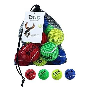 AMA Dog Tennis Balls Sport - 12 Multi-Color Ecofriendly Balls & Mesh Carrying Bag. Medium Size Balls Fits Standard Ball Launchers,Fits Medium Dog.