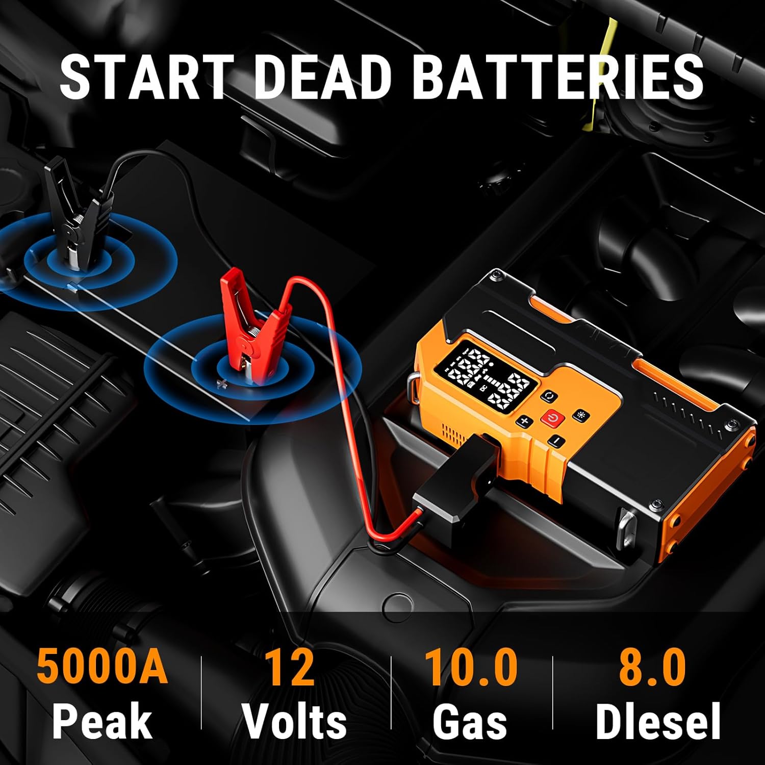 Car Battery Jump Starter with Air Compressor 5000A 150PSI, Car Jumper Starter Portable (All Gas/10L Diesel), Jump Box Car Battery with Auto-Shutoff Tire Inflator, Jumper Cables and Light