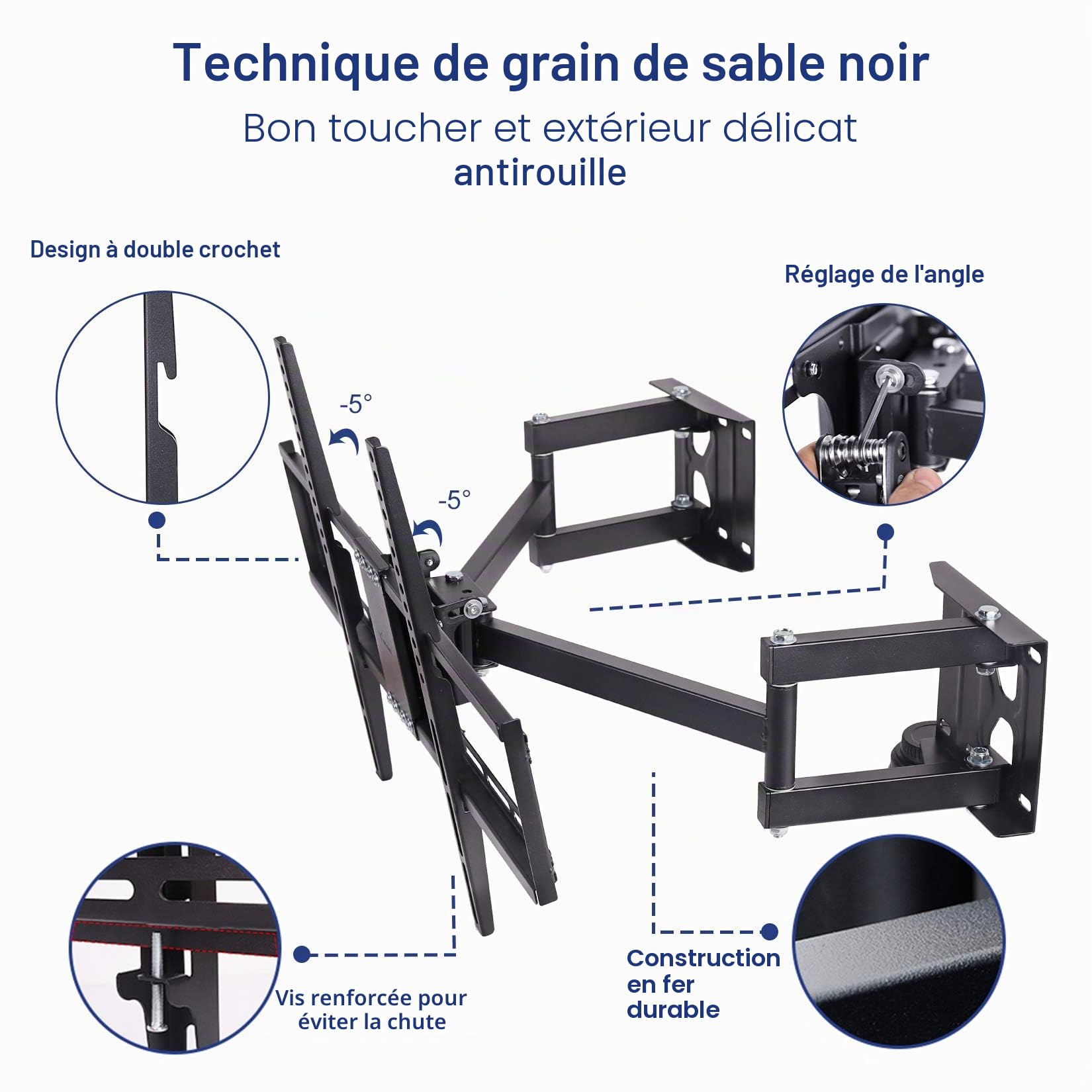 UNHO Support TV Mural Angle: Support TV Mural Fixe pour Écrans LED LCD Plasma 32-65 Pouces Inclinable et Orientable Meuble TV Support Mural Angle Charge Max 45kg VESA Max 400x600mm