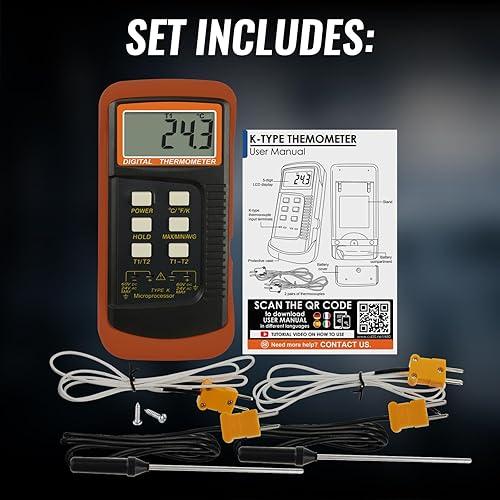 Miniatura 3 de Termómetro digital tipo K con canales duales, 4 termopares (con cable y acero inoxidable), probador de sensor de escala Kelvin de alta temperatura