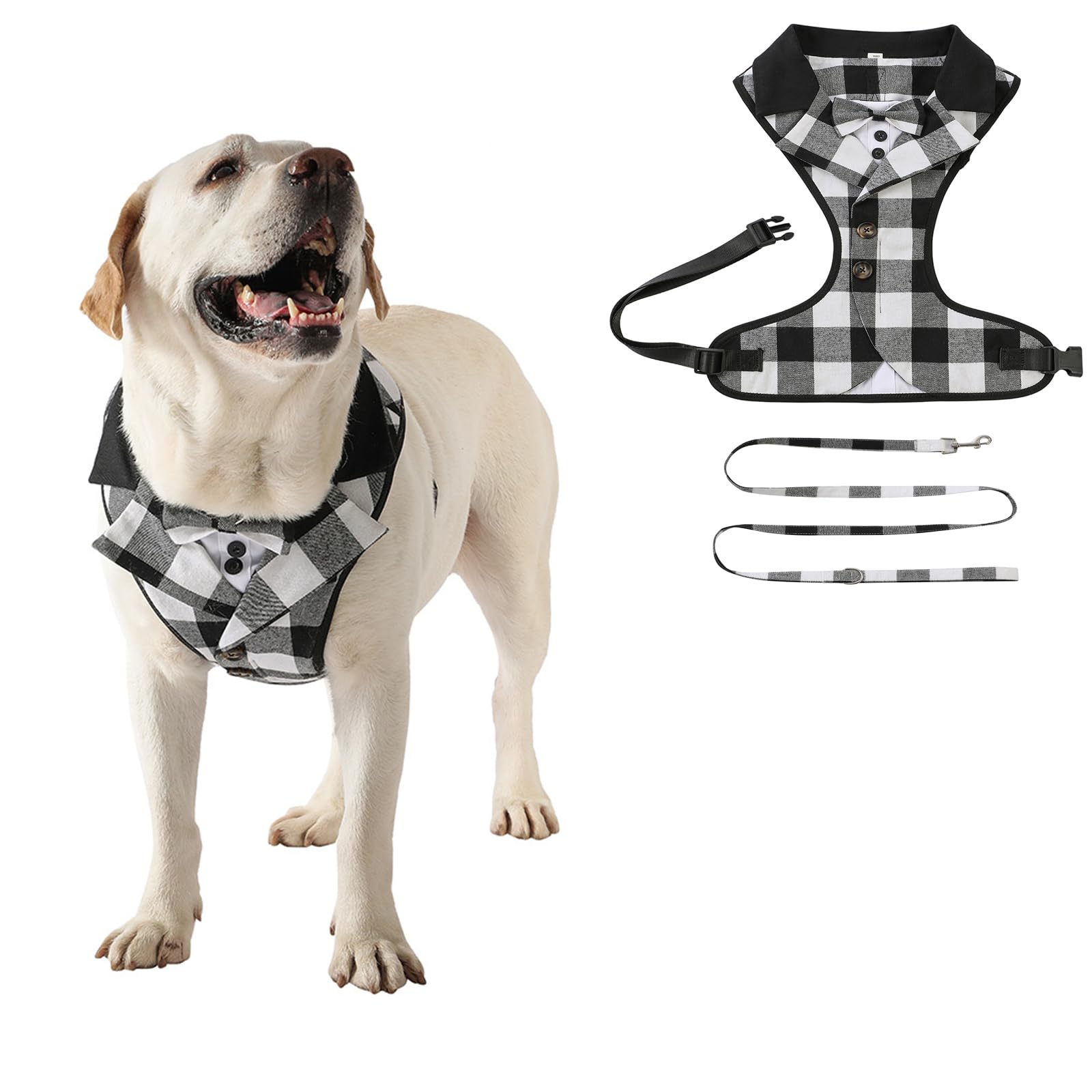 Dog Tuxedo Harness with Leash Set,Pet Formal Occasion Tailcoat Bow Harness Pet Wedding Vest Costume for Cat Puppy Small Medium Large Dogs_L(Black Grid)