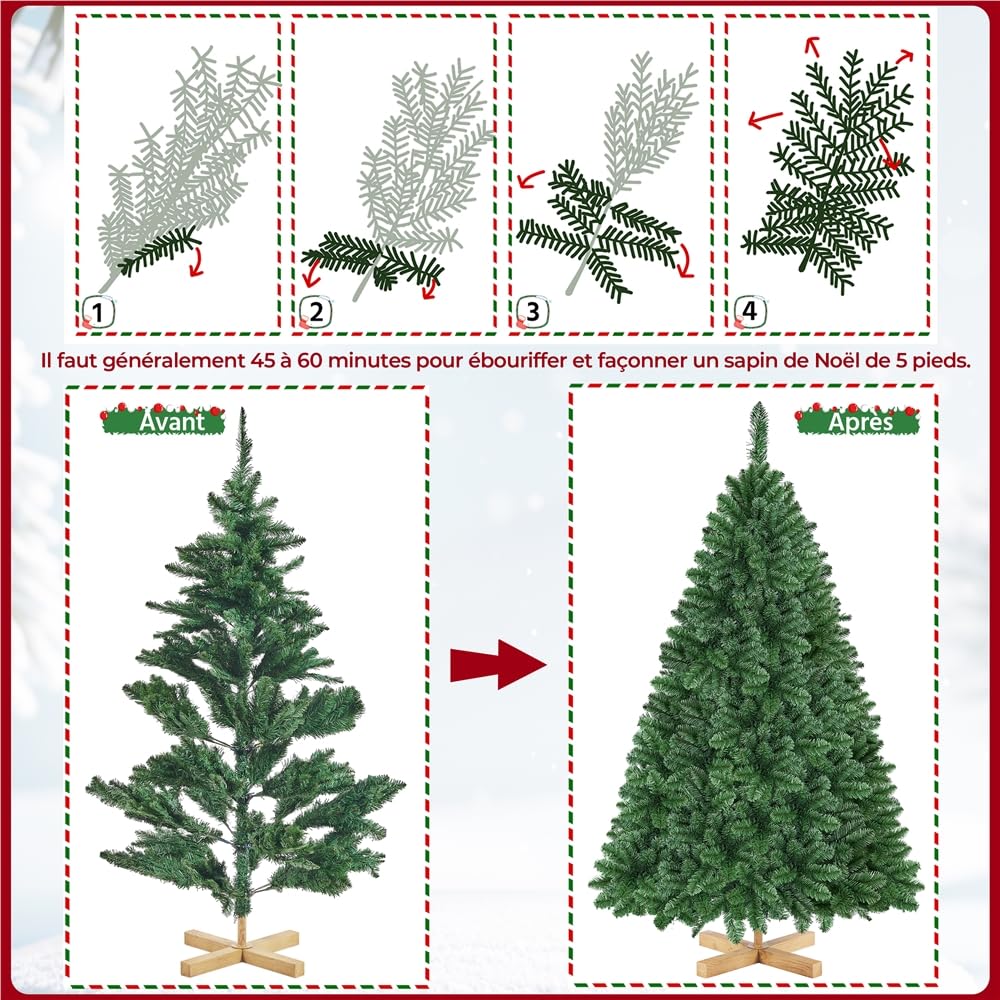 Yaheetech Sapin de Noël Artificiel 152 cm avec 437 Branches, Arbre de Noël Décoratif en PVC avec Support en Métal