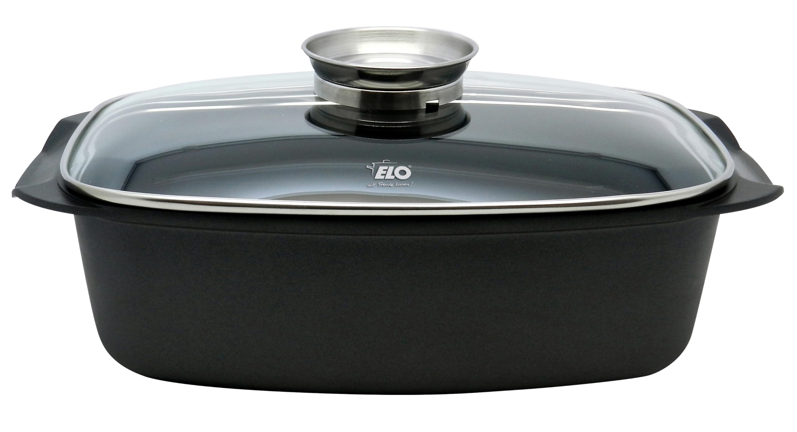 ELO Alucast Roasting Dish 32 cm with Glass Lid and Aroma Knob, ELODUR Select Non-Stick Coating, Oven-Safe, Suitable for Induction Cookers, Black