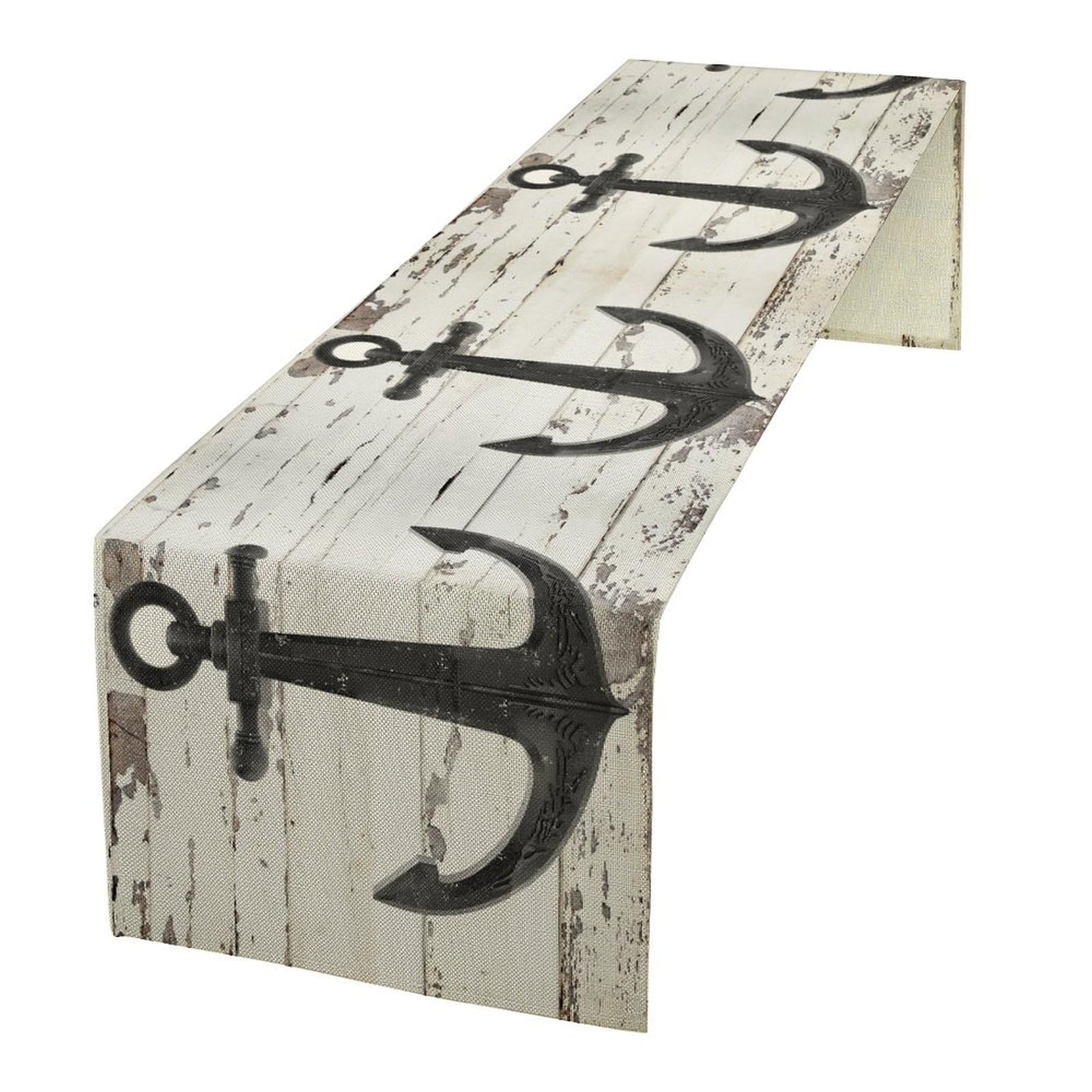 Anchor Table Runner, Vintage Rustic Tropical Summer Casual Boardwalk Beach Ocean Boat Anchor Table Decor Table Top Dining Kitchen Wedding Party 13x36