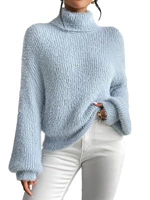 MakeMeChic Womens Fuzzy Sweater High Neck Long Sleeve Rib Knitted Fall Pullovers Tops