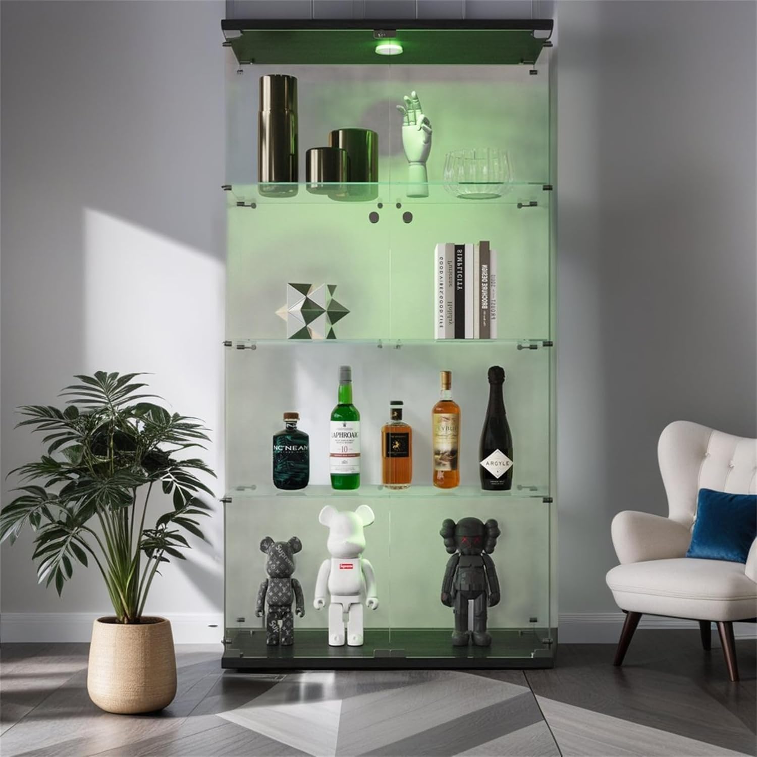 Glass Cabinet Glass Display Cabinet with 4 Shelves & 2 Door,Easy to Assembly,Black
