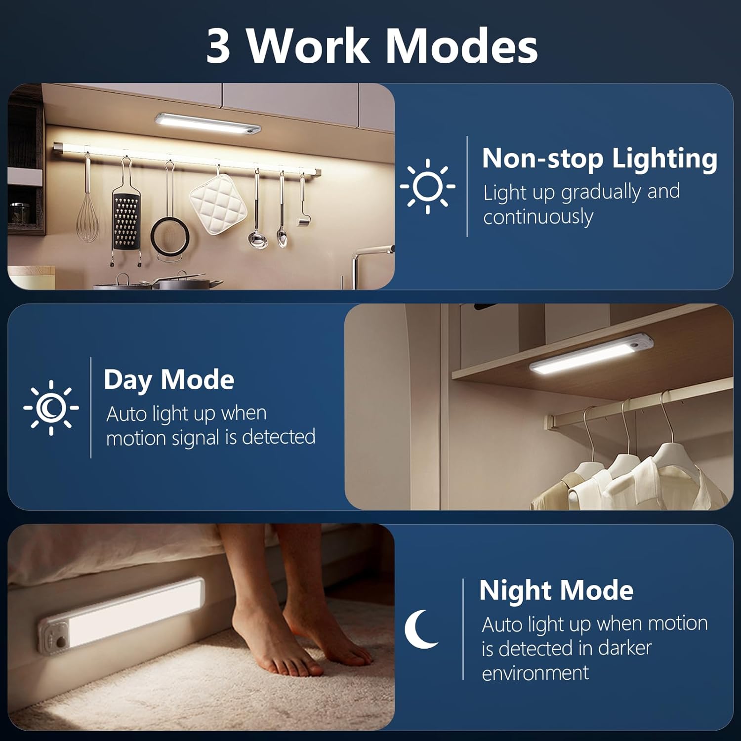 8.5" Under Cabinet Lighting 6 Pack, 3 Colors, Motion Sensor Light Indoor,48 LED Rechargeable Closet Lights, Dimmable Under Counter Lights, Stick-On Magnetic Cabinet Night Lights for Kitchen