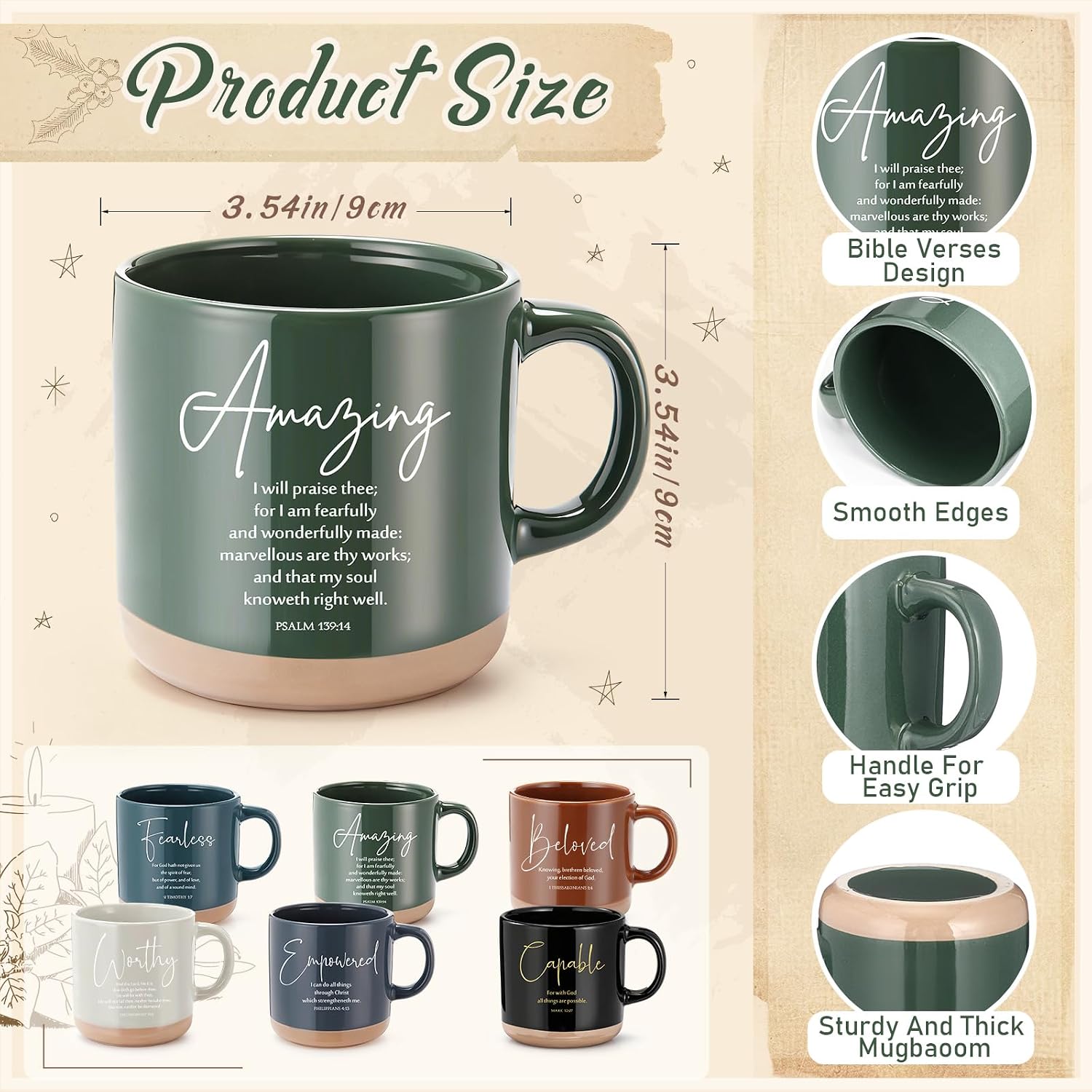 Potchen 18 Pcs Christian Church Gift 13oz Coffee Mug Journal Pen, Brown
