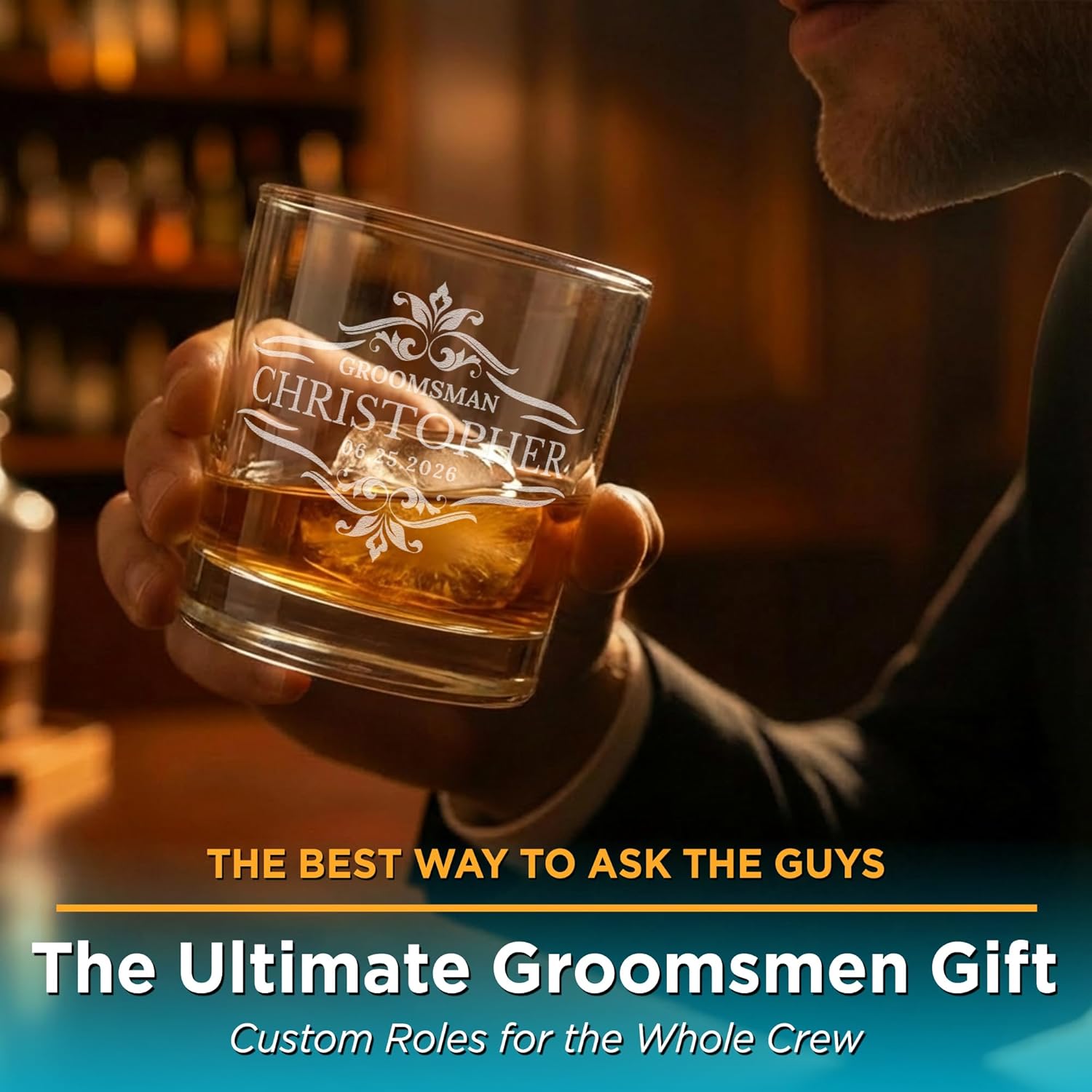 Personalized Groomsmen Whiskey, Bourbon Glass Gifts - Set of 4 Custom Groomsman Gift -Personalized Wedding Whiskey Glass - Groomsman Proposal - 11 oz Engraved Groomsmen Scotch Glass - Set of 4