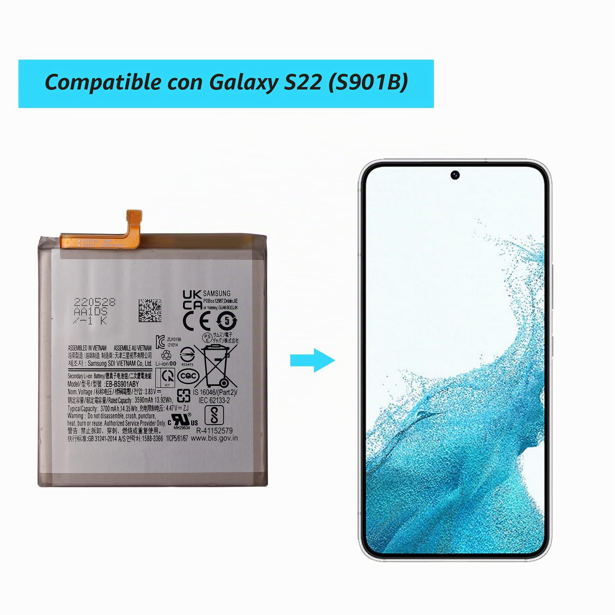 Batería de repuesto Vvsialeek EB-BS901ABY para Galaxy S22 (S901B) con kit de herramientas gratuito (3590 mAh).
