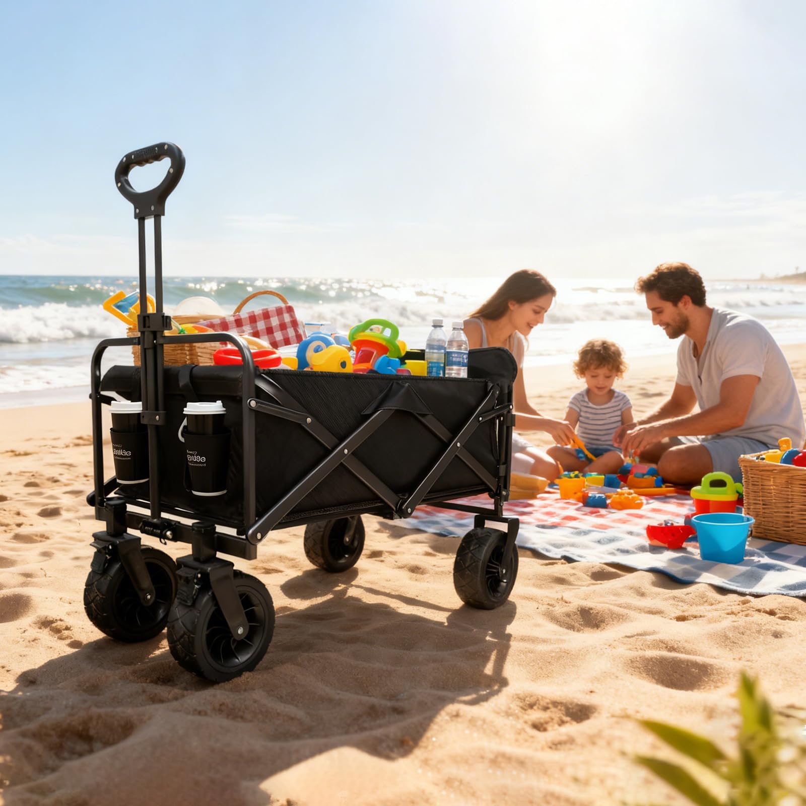 Sanycasa Bollerwagen faltbar 250L 200KG Tragkraft Gelände Strand geeingenet Bollerwagen mit Bremsen robuster verstellbarer Griff mit Transporttasche, Extra Länge mit klappbarem Heckfenster, Schwarz