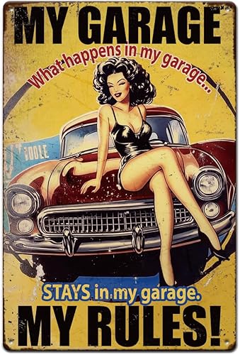 1 letrero de metal vintage de 11.81 x 7.87 pulgadas, letrero retro de Iron My Garage My Rules de aspecto oxidado, póster para mujer, para el hogar,