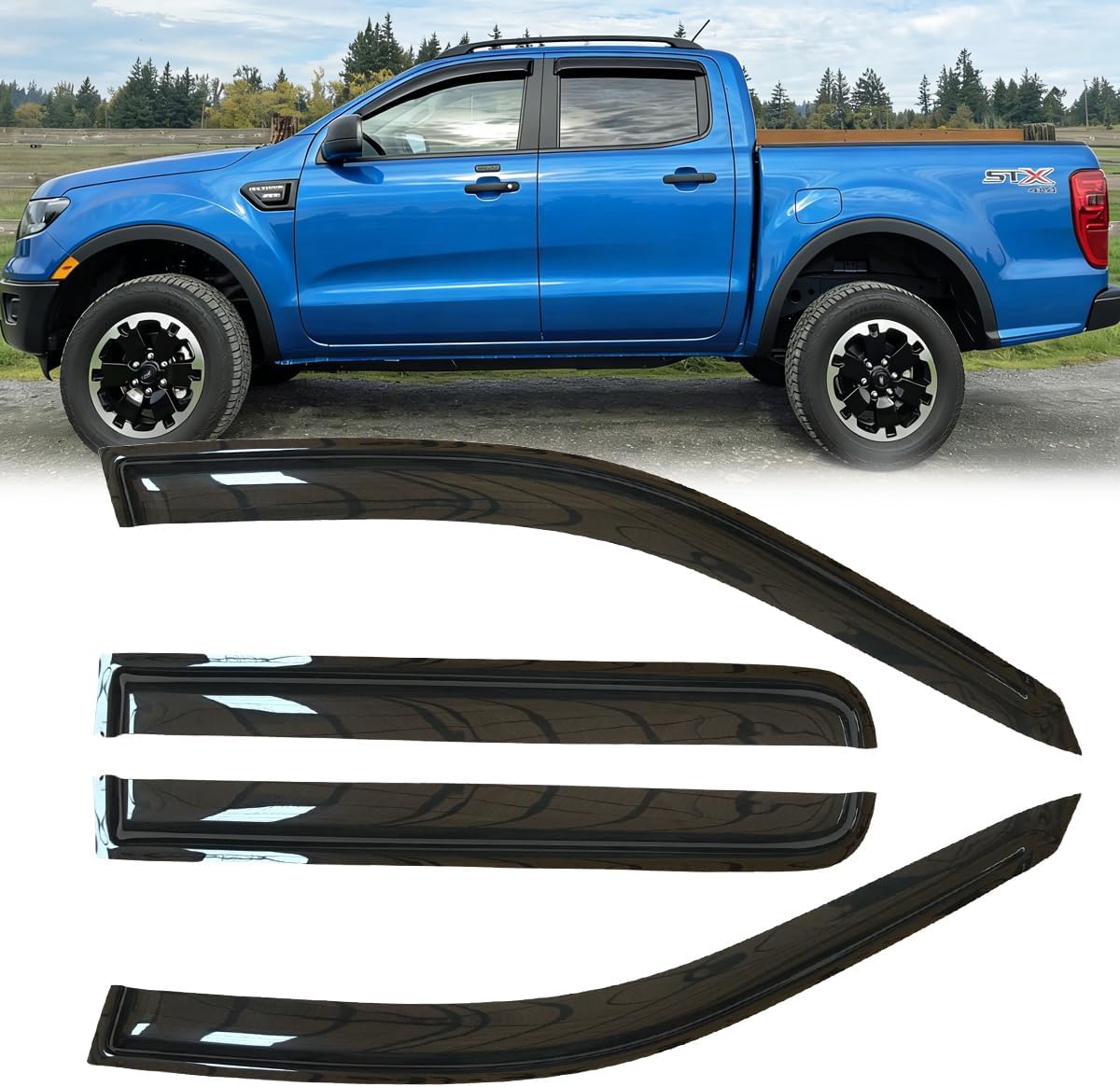 4pcs Original Outside Mount Style Window Rain Guards Side Wind Deflectors Dark Smoke Nice Looking Vent Window Visors Fit for FORD RANGER 2019-2025 SuperCrew 94387