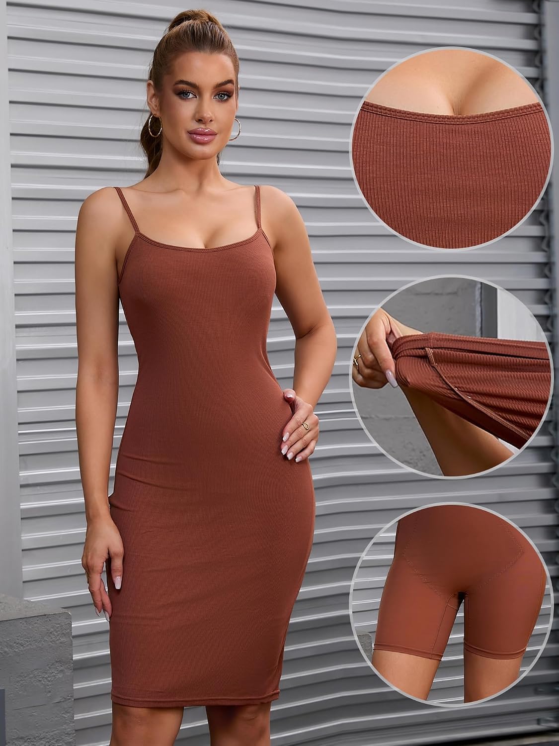 Allegra K Women's Shapewear Dresses Buit in Bra Adjustable Spaghetti Straps Layered Full Slips Bodycon Dress