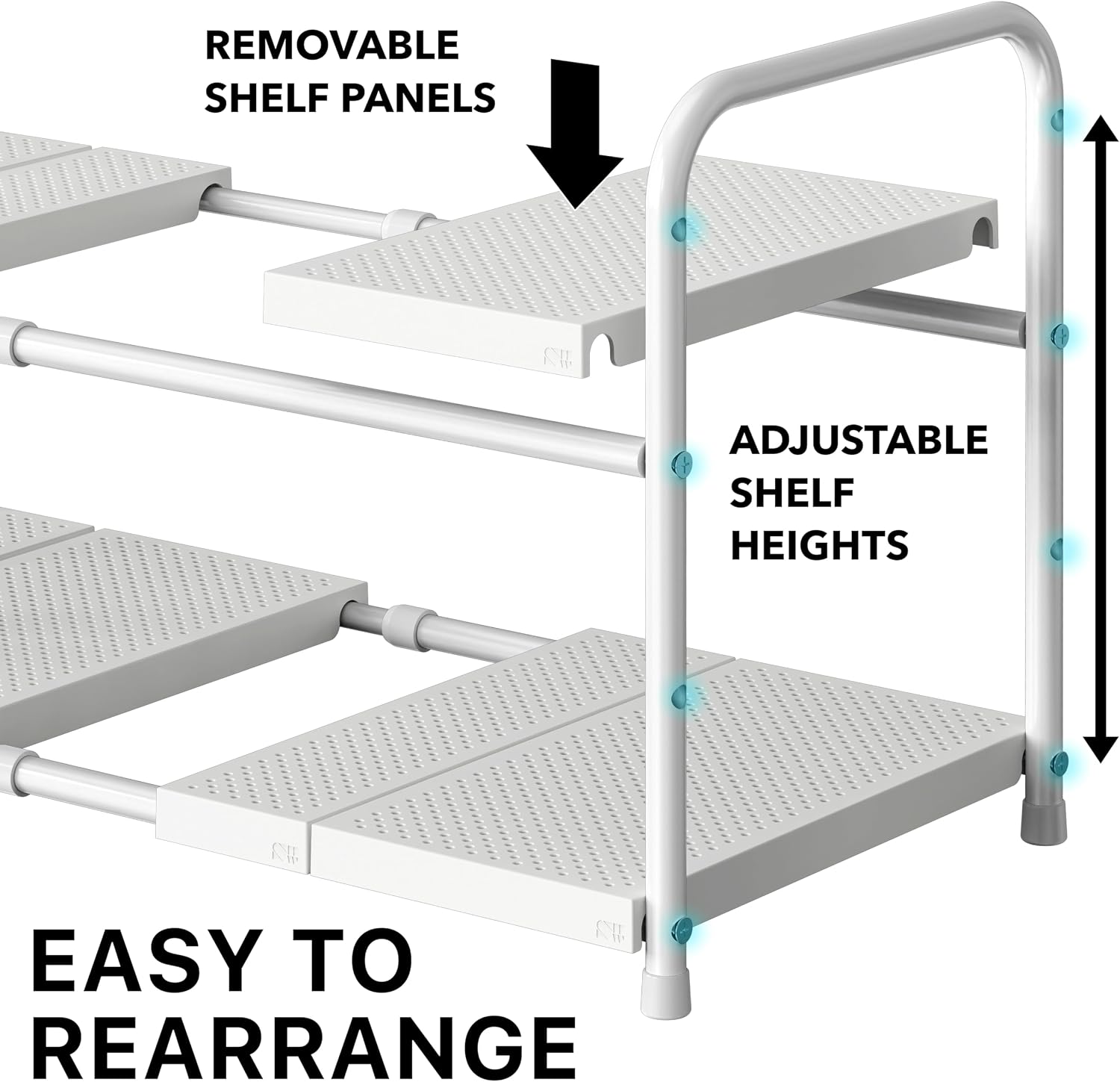 Close-up of the Simple Houseware Under Sink Organizer highlighting removable shelf panels and adjustable shelf heights.
