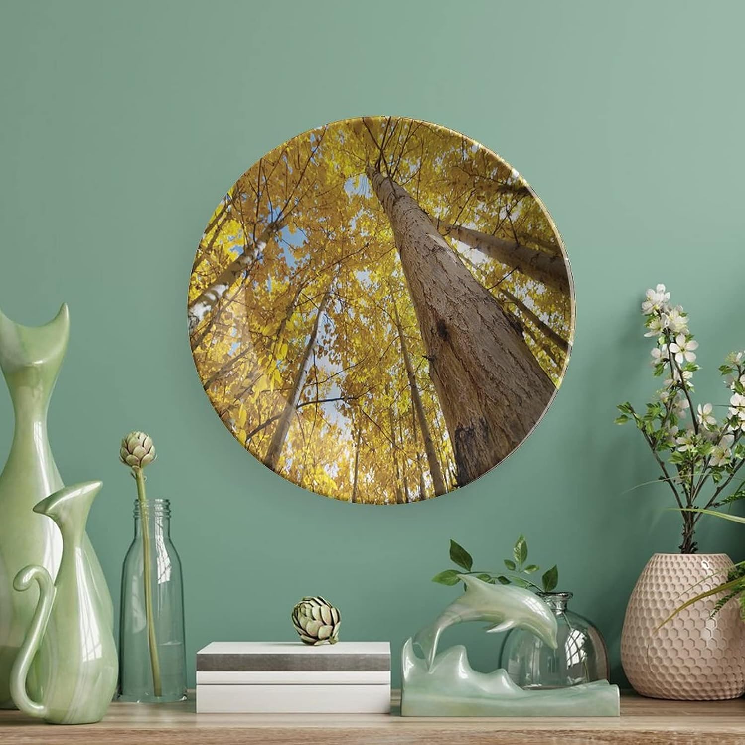 XISUNYA 10 Inch Decorative Plate, Nature Dinner Plate, Fall Aspen Tree Leaves in Faded Tone Autumn Print Ceramic Wall Hanging Decor Accessory for Dining Table Tabletop Home Decor, Yellow