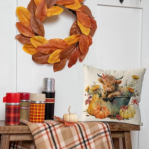 Miniatura 5 de GAGEC Fundas de almohada de otoño de 18 x 18 pulgadas, diseño de flores, vaca, calabazas, divertidas, para decoración del hogar, sofá, dormitorio,