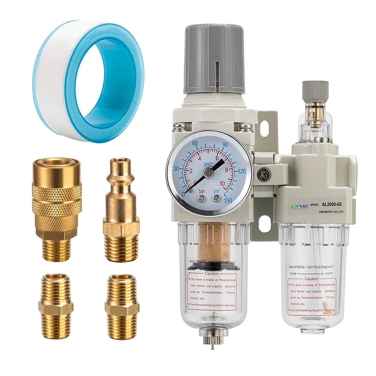 1/4" NPT Compressed Air Filter Regulator Lubricator Combination Water/Oil Trap Separator - Specifications (0-150 psi),5 Micron Brass Element,polyethylene Bowl,Manual Drain,Bracket