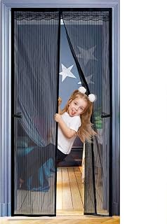 JOREAL Fly Screen for Doors 90X210cm, Anti Mosquito Polyester Mesh Screen Door with Full Frame Magic Tape and Powerful Magnets, Magnetic Fly Insect Screen Door with Lace（Black）